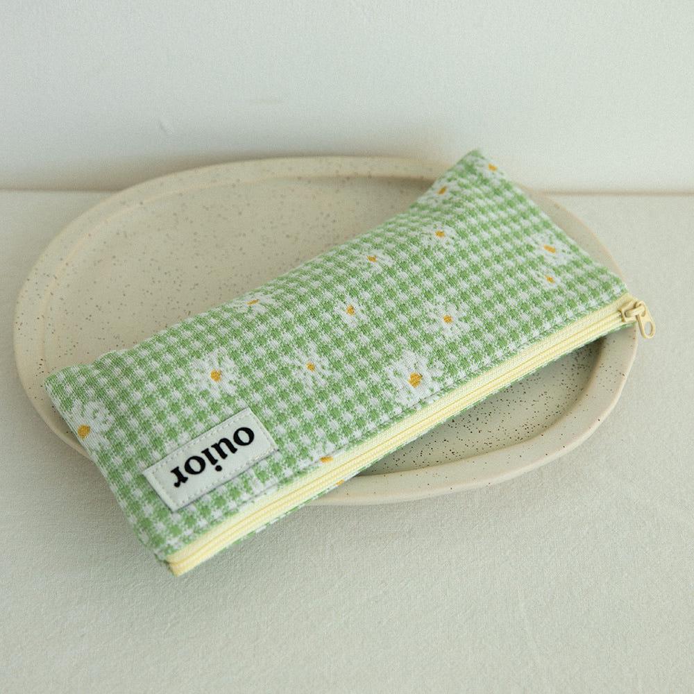 위올 플랫 필통 - check flower green (topside zipper)