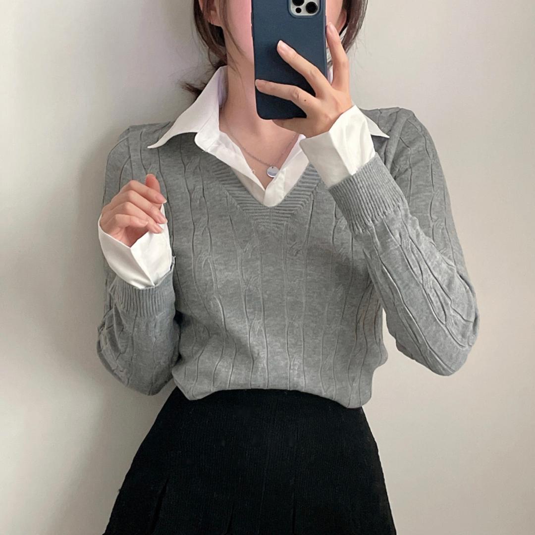 날씬핏, 셔츠 레이어드 꽈배기 브이넥 니트 /일체형 3color