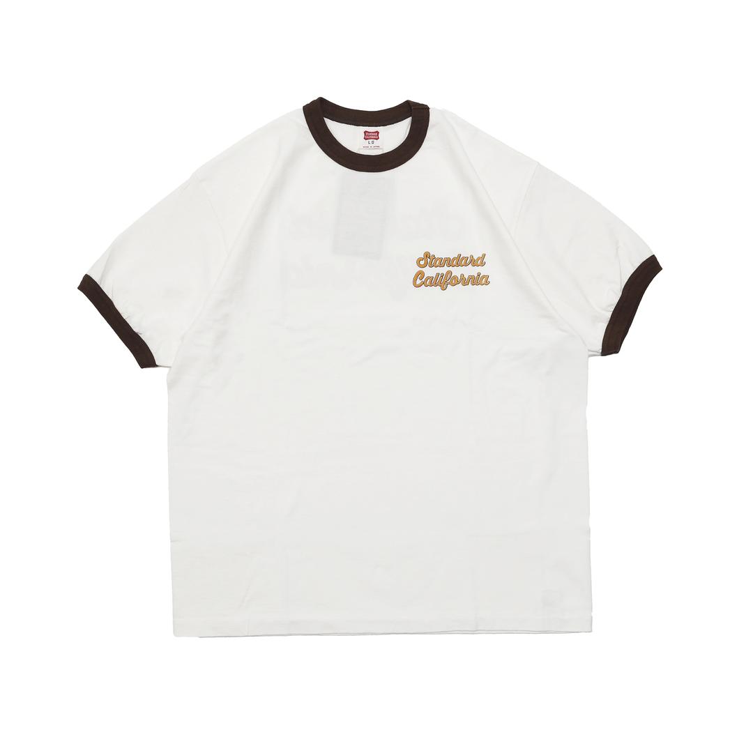 US COTTON SCRIPT LOGO RINGER S/S TEE - WHITE/BROWN