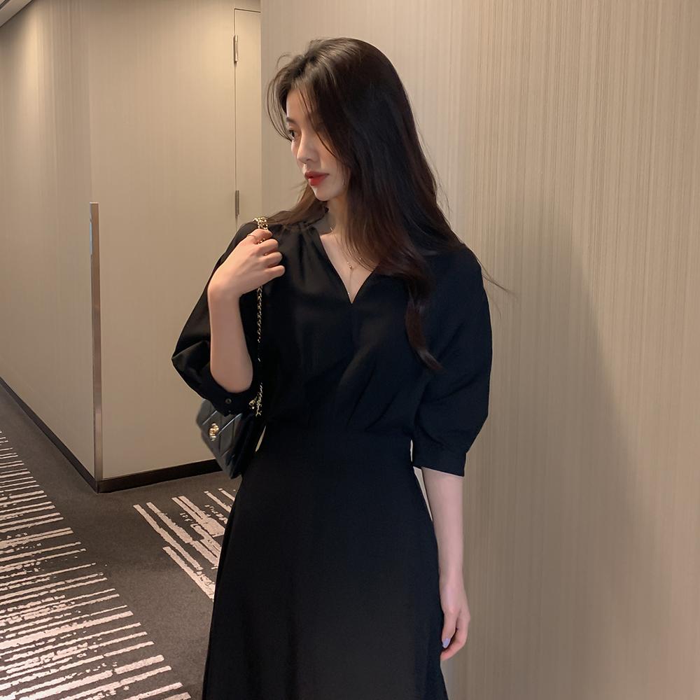 달리호텔 [단독❤]시에 브이넥 밴딩 A라인 플레어 롱 원피스(가을하객룩/밴딩/편안한착용감)