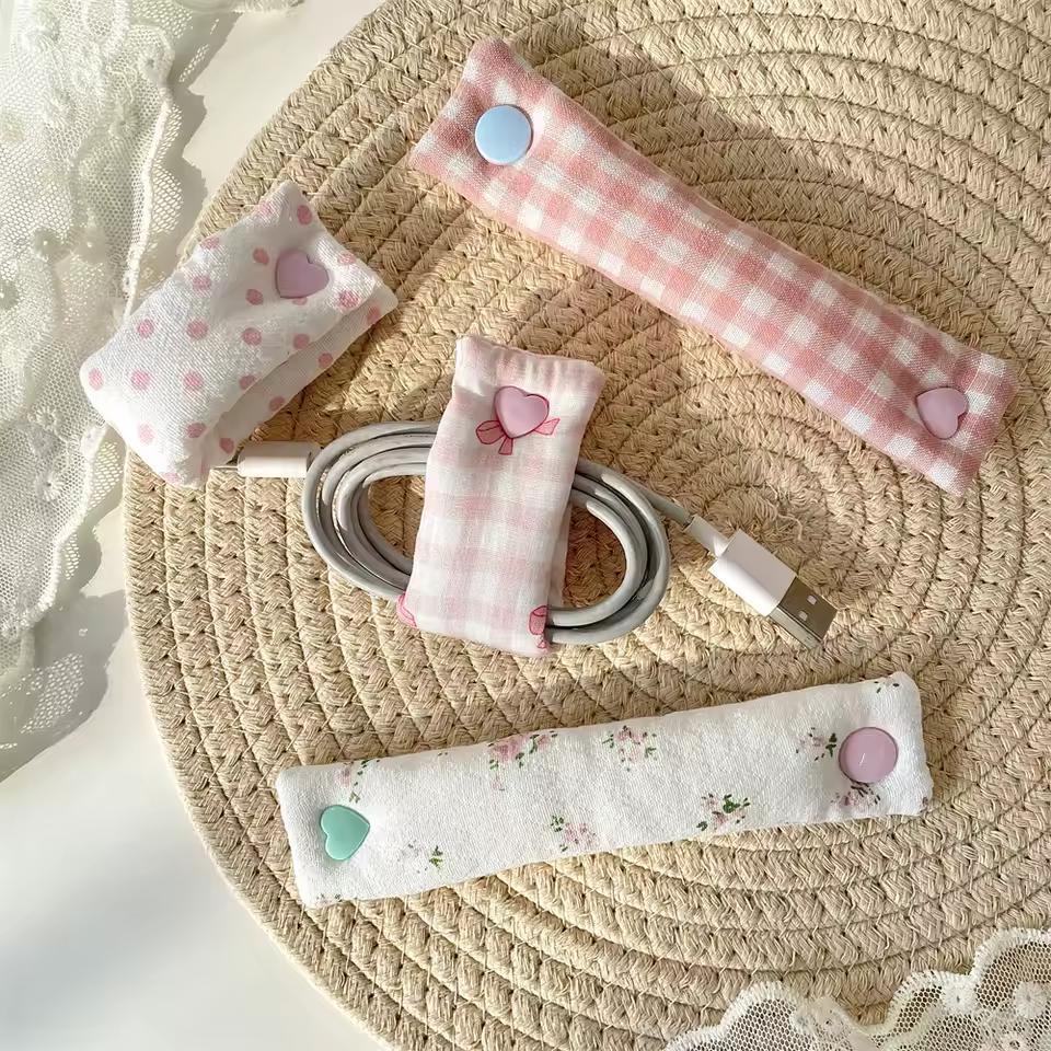 1PC 꽃무늬 케이블 타이 - INS 스타일 천 코드 정리함, 이어폰/데이터 케이블용 귀여운 재사용 가능한 와이어 스트랩