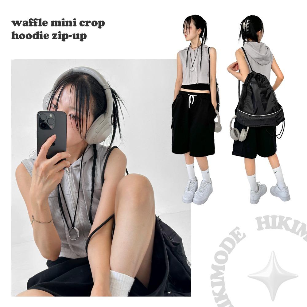 레이어드 와플 미니 크롭 민소매 후드집업 조끼