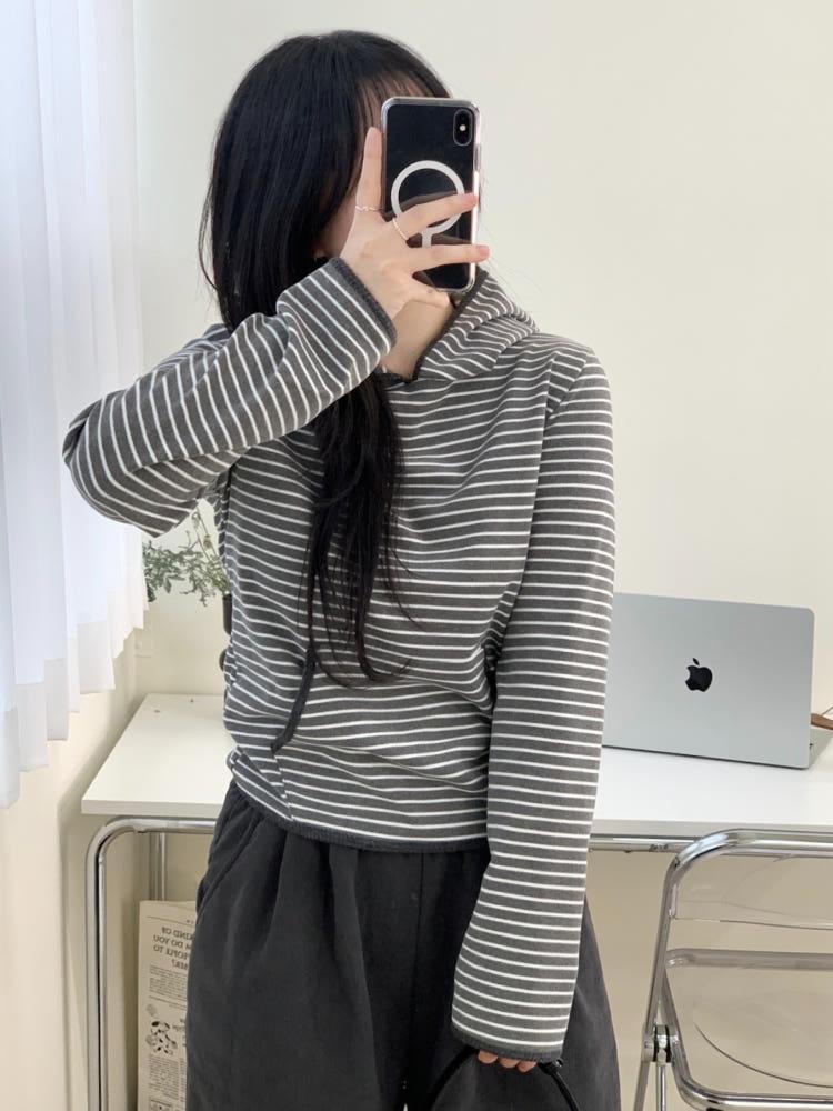 네스 피치기모 스트라이프 후드 티셔츠(차콜)