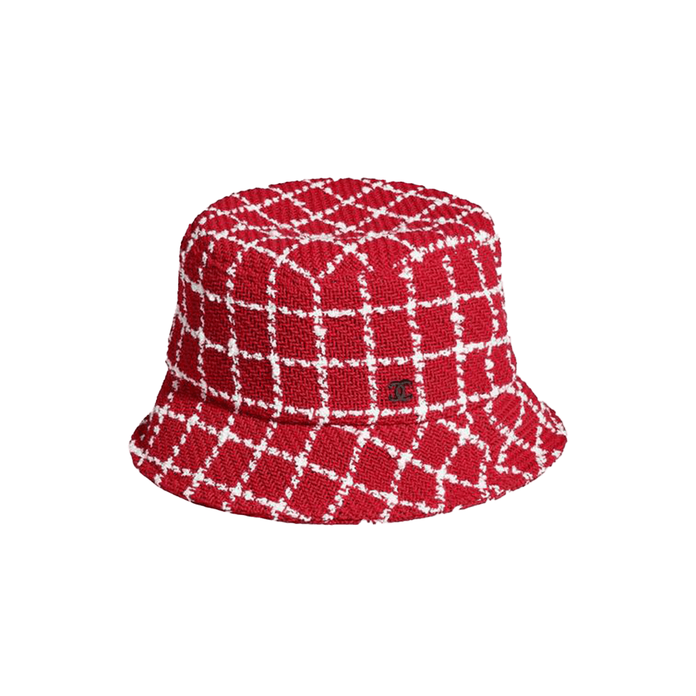 샤넬 체크 트위드 버킷 햇 레드