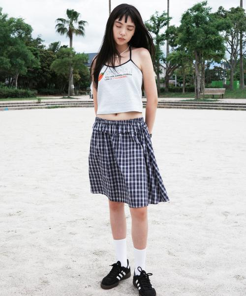 Check flare midi Skirt [Navy]