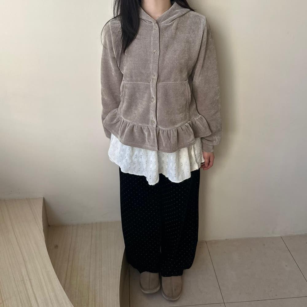 코듀로이 벨벳 프릴 단추 후드집업 골덴 벨로아 가디건 (2colors)