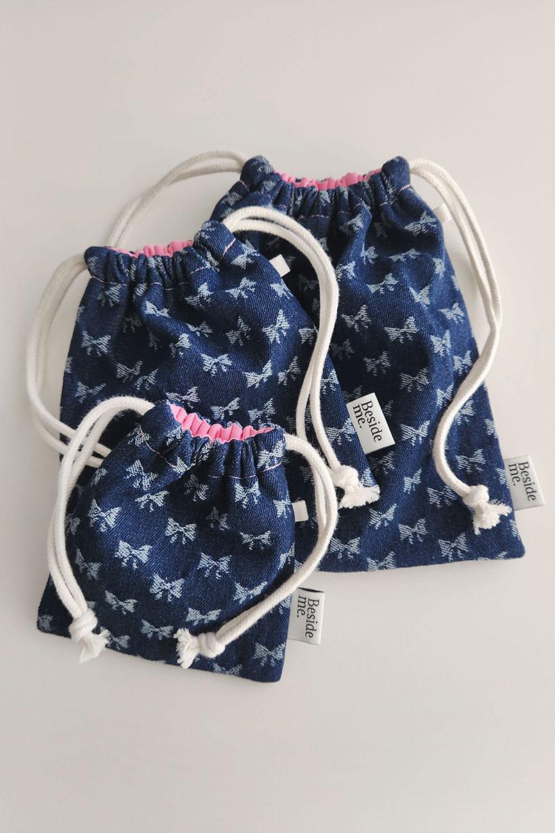 denim ribbon string pouch - deep blue (S/M/L)
