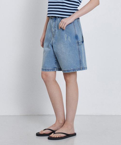 (우먼) 버뮤다 데님 카펜터 쇼츠_스카이블루