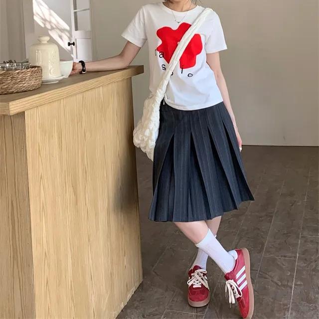 차콜 코튼 플리츠 미디 스커트