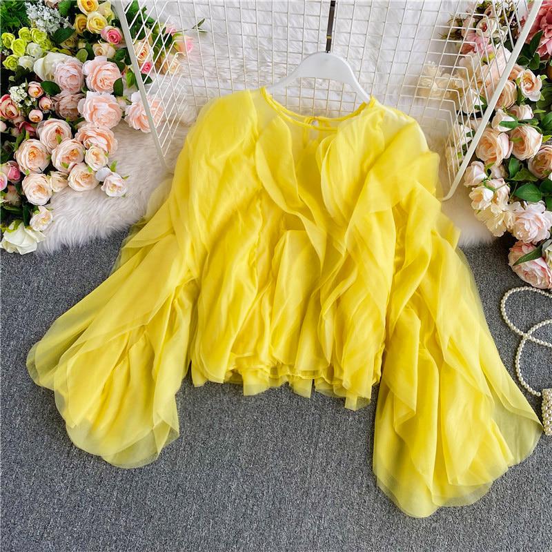 봉주 세련된 크롭 고급스러운 캐노피 프릴 꽃잎 쉬폰 블라우스 셔츠 5color 캐주얼룩/촬영룩/파티룩/무대룩/유니크룩