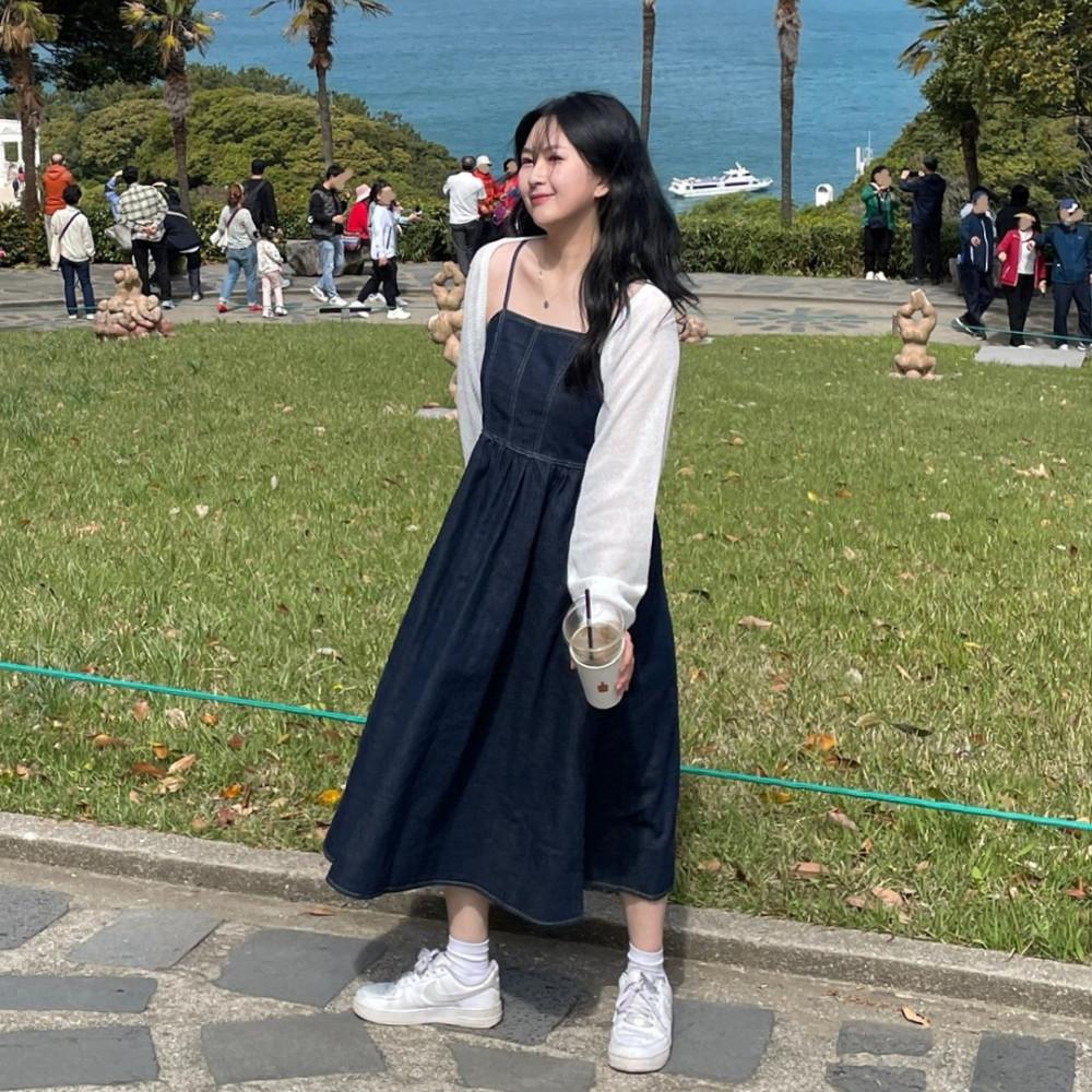 프링 데님 나시원피스 끈조절 스모크 롱드레스 청원피스 진청 44-77(one color)