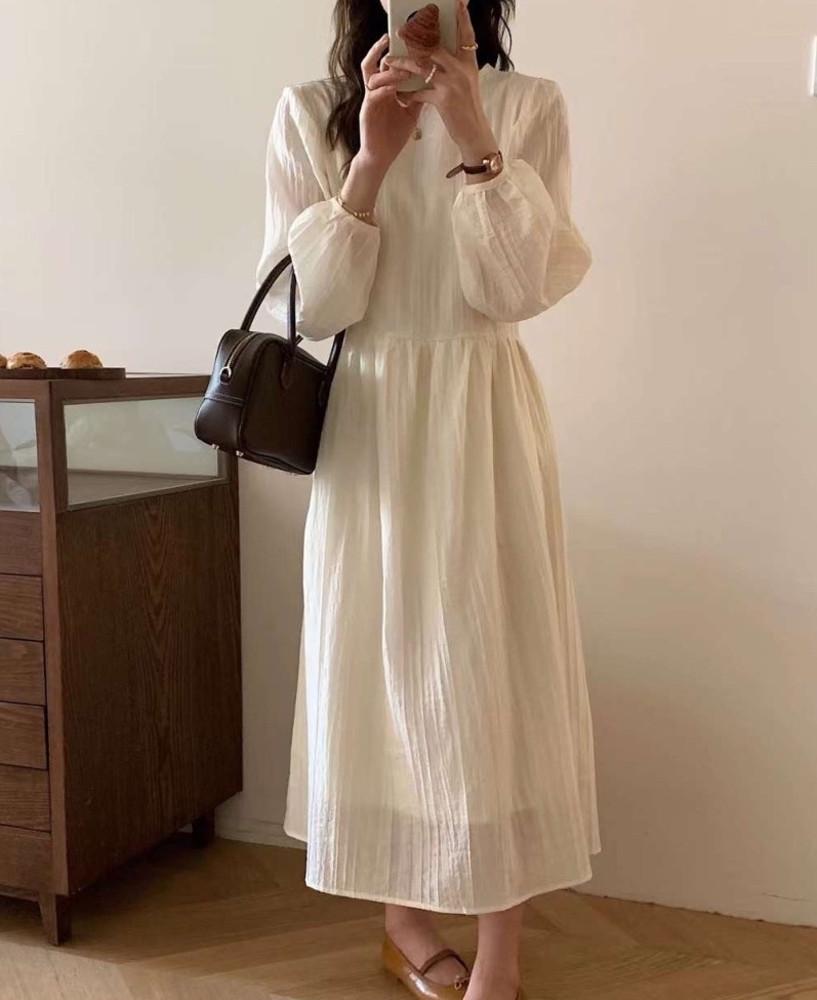 (당일발송/카키)뒷단추 셔링 플레어 긴팔 롱 원피스(4color)