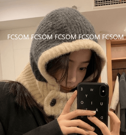 니트 바라클라바 모자 겨울 후드 넥 워머 단추 울 배색 발라클라바