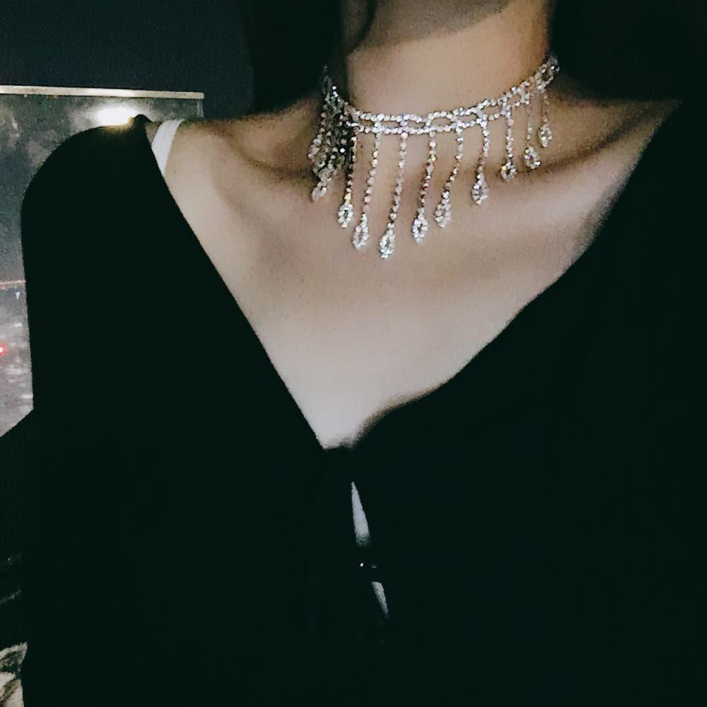 019 (트와이스 아이즈원 외 다수 착용) 크리스탈 물방울 큐빅 드롭 샹들리에 초커 목걸이