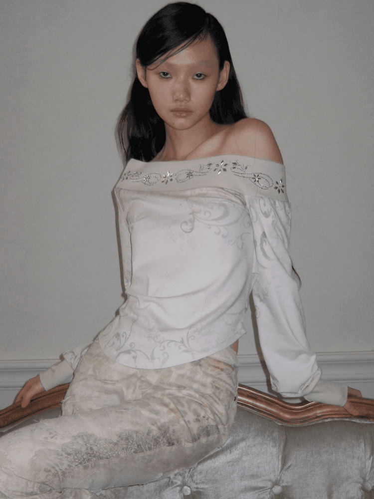 FayChui Studded Rhinestone Retro Off-Shoulder Long Sleeve