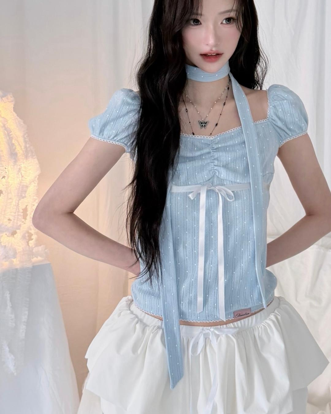 Rei Polka Dot Ribbon Scarf Blouse