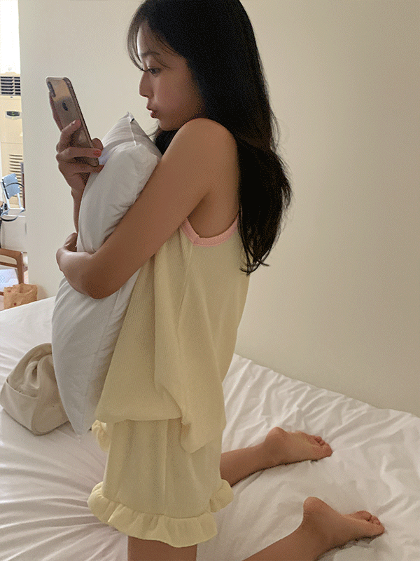 [기획/홈웨어] 꿈자리 배색 골지 프릴 잠옷 파자마 상하세트