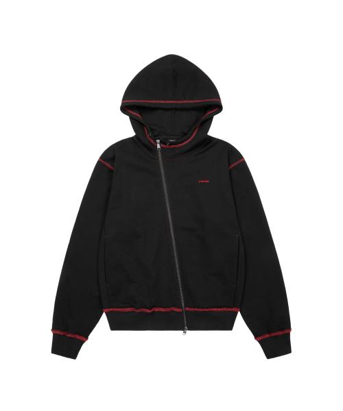Oblique Zippered Cotton Zip-Up (Black)