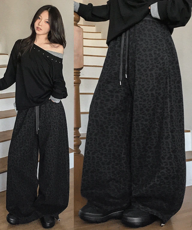 [벌룬핏/레오파드] 호피 배색 밴딩 와이드 롱팬츠