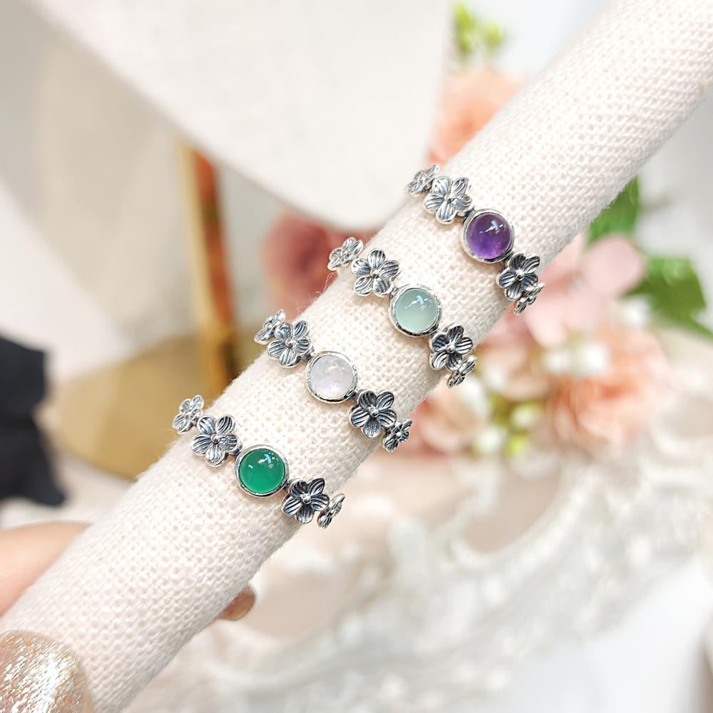 [MXR0017] 실버 앤틱 꽃 자수정 그린 오닉스 칼세도니 문스톤 원석반지 925