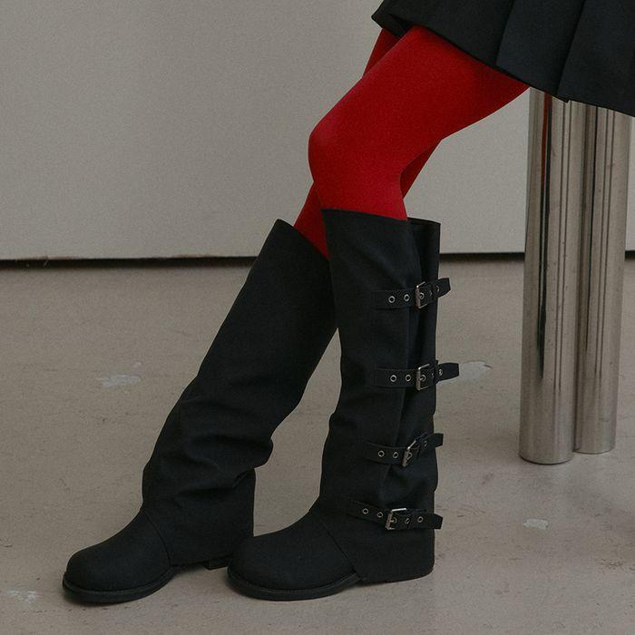 me9492 레이어링 버클 스트랩 포인트 라운드토 폴딩롱부츠 buckle point strap longboots