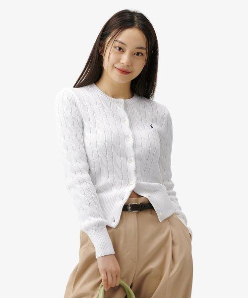 W 케이블 니트 코튼 크루넥 카디건 - 화이트