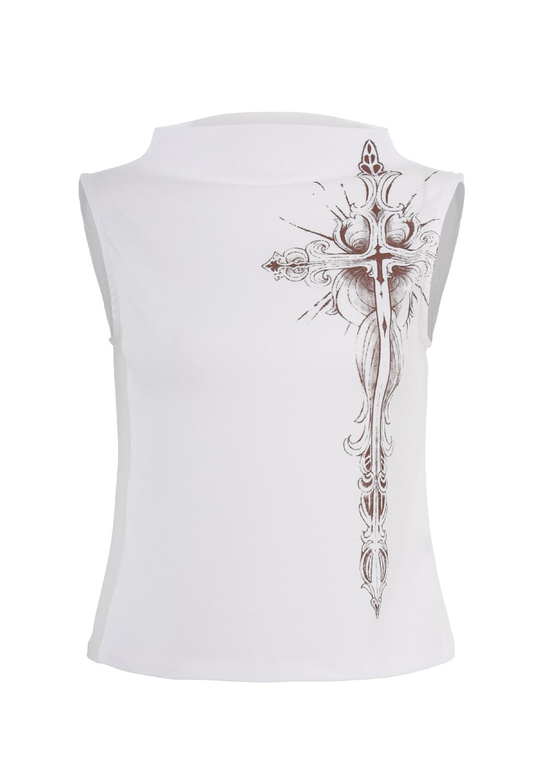 CROSS PRINT HALF NECK SL (WHITE)