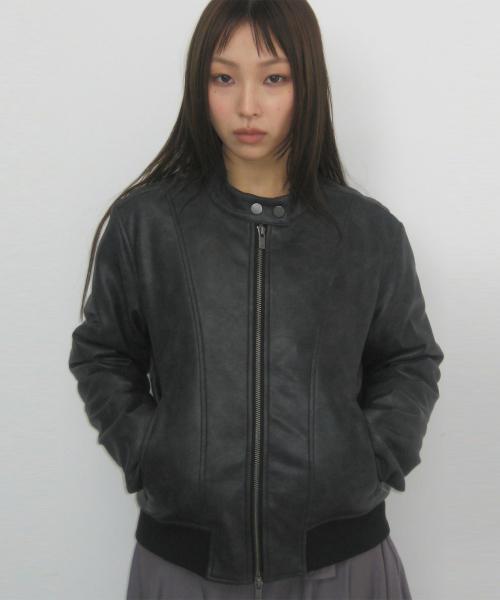 인시전 라인 레더 하이넥 집업 윈터 패디드 크롭 자켓 점퍼_2COLOR