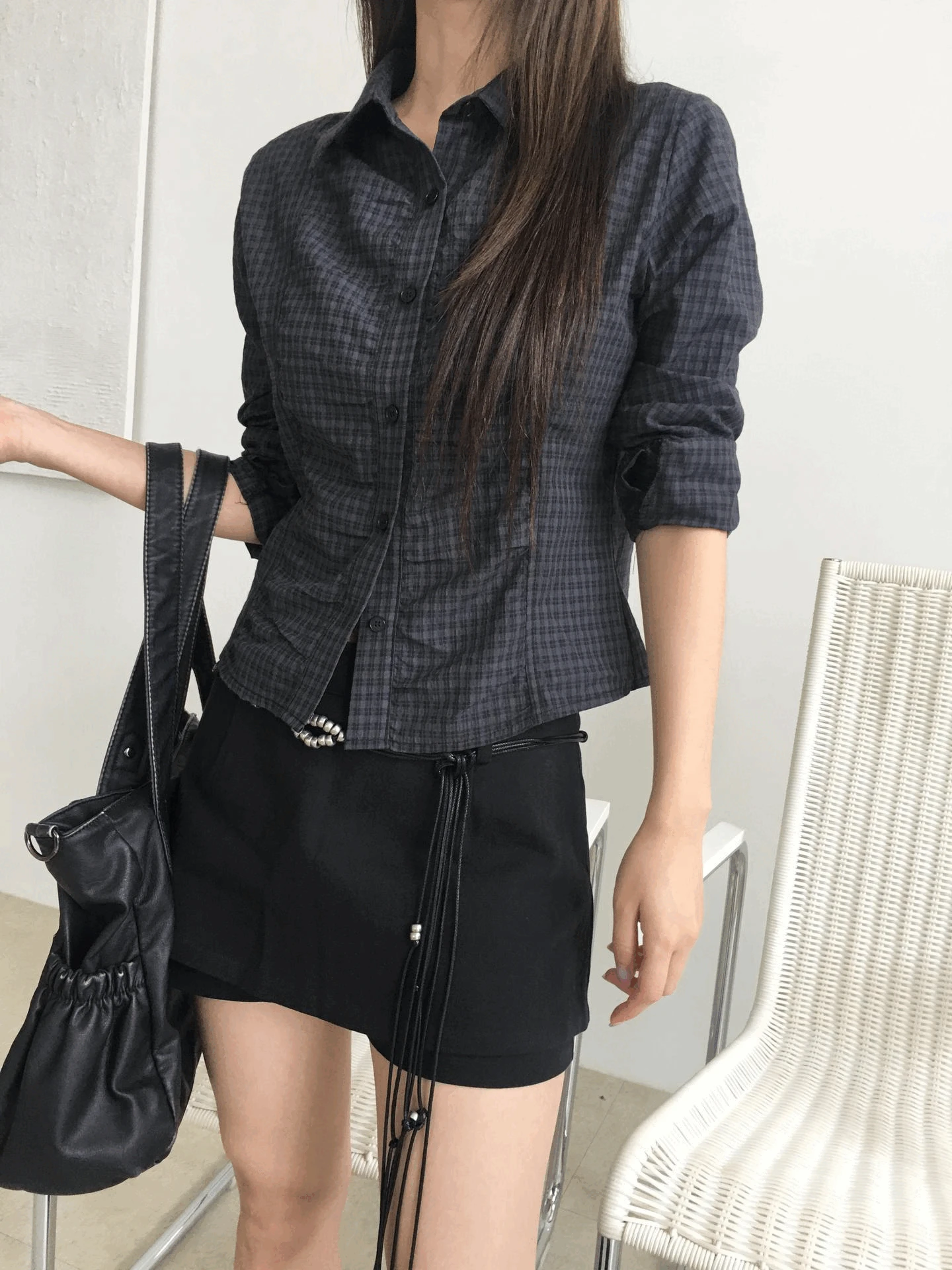 Opal shirring check shirt (Ivory, charcoal)