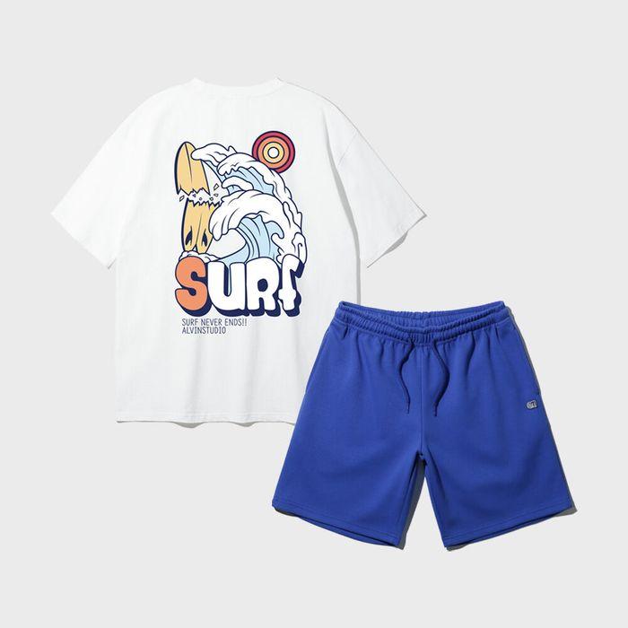 [SET] 앨빈클로 브로큰 보드 SURF 웨이브 오버핏 반팔티 컬러 무지 밴드 반바지 셋업