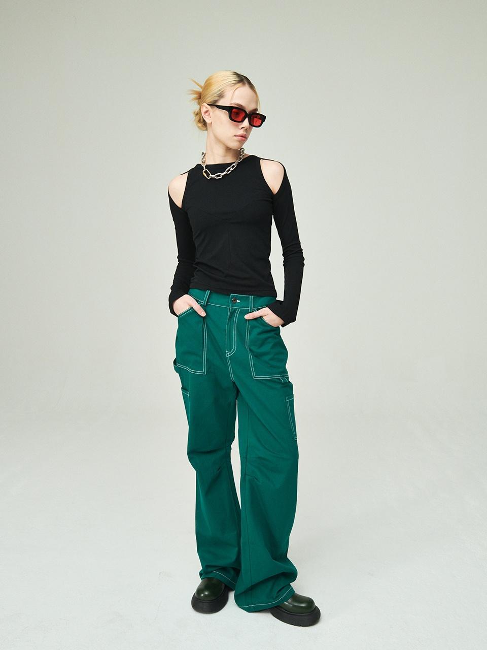 로우라이즈 배기 카고 팬츠 Semi rowrise wide cargo pants_Green