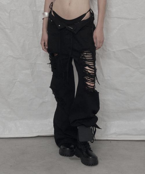 SCRATCH DAMAGE WIDE DENIM PANTS BLACK