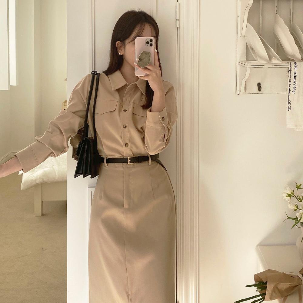 [❣️#리뷰best//벨트포함#봄가을원피스] 솔리드 벨트셋트 셔츠 롱 원피스