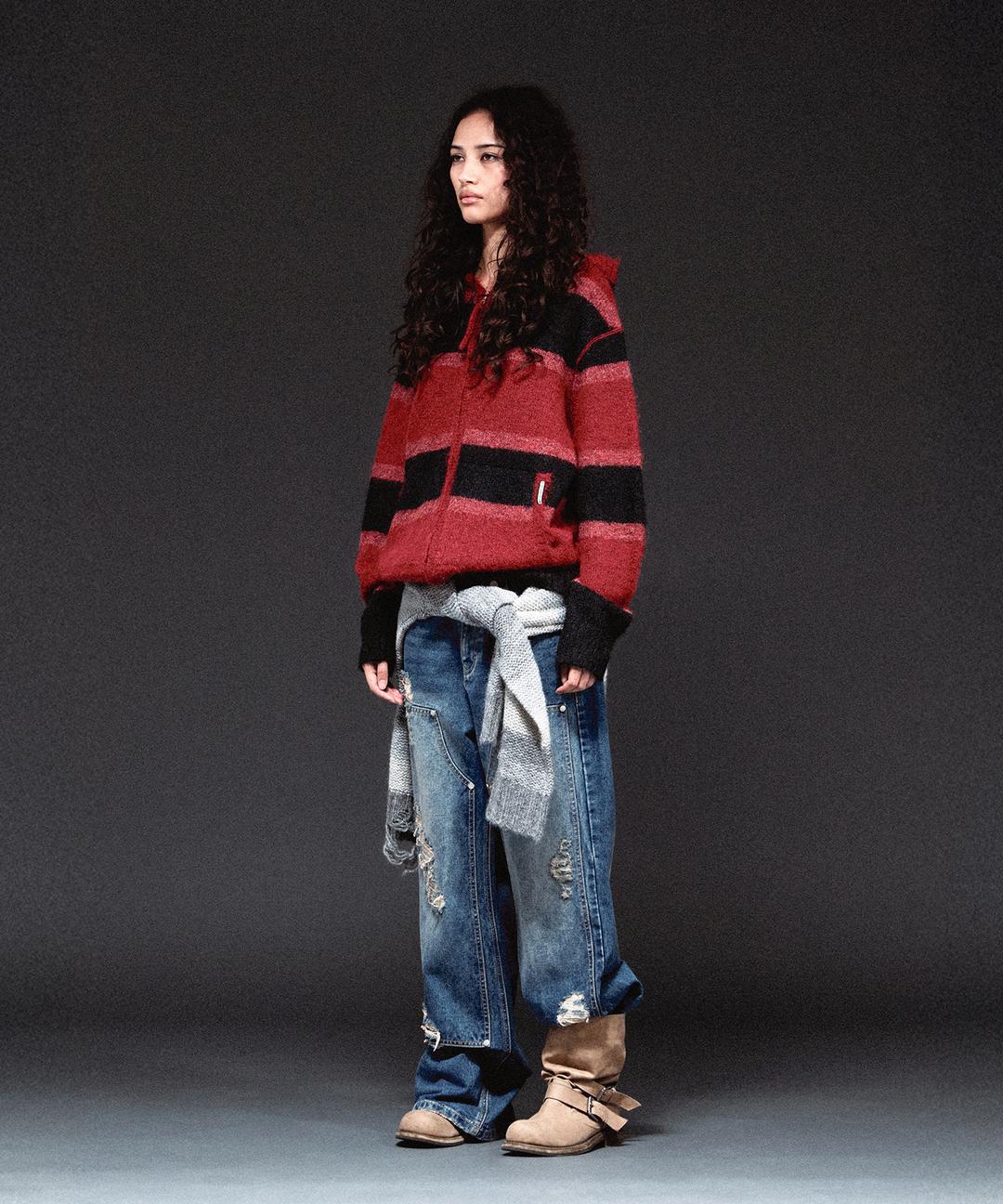 STRIPE KNIT HOODIE ZIP-UP RED