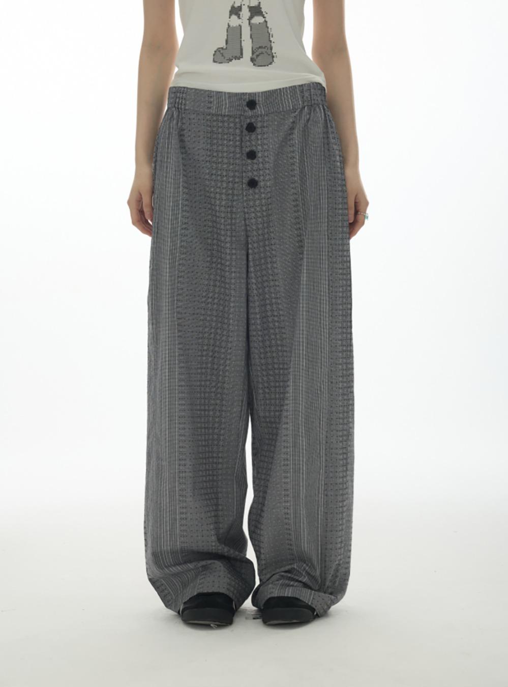 Gray Plaid Buttoned Wide Cotton Pants