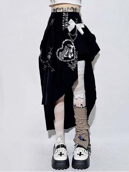 [$42.97]Punk Black Pin Chain Asymmetrical Hem Kitty Print Detachable Bow Skirt