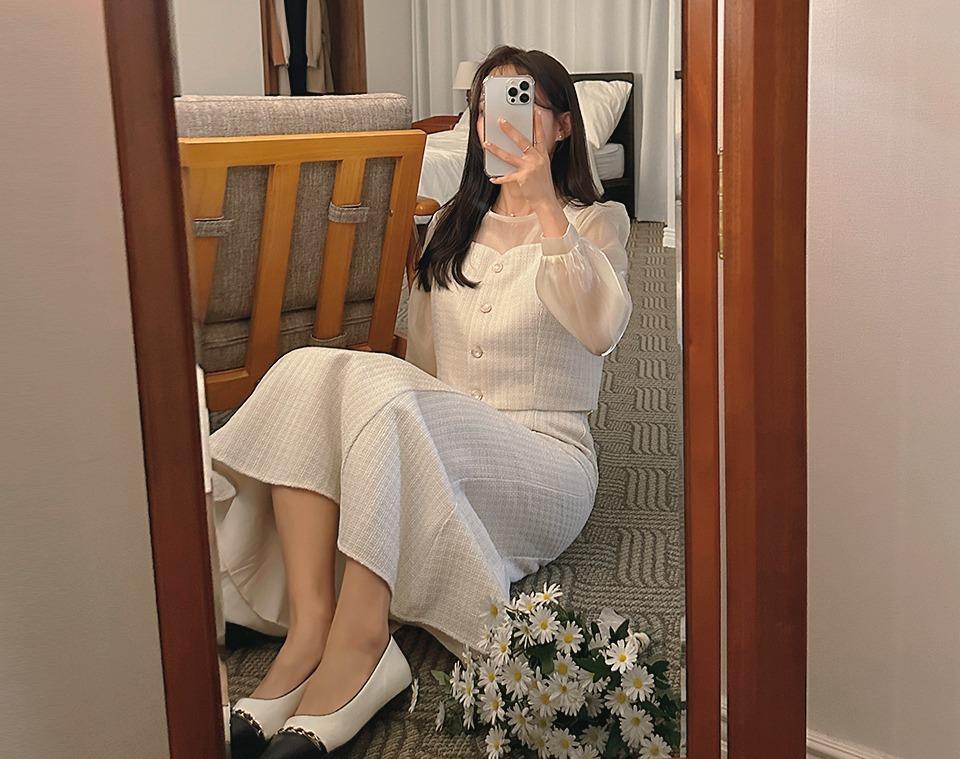 [무료배송] 비츠닌 트위드 뷔스티에 뒷밴딩 스커트 투피스 세트