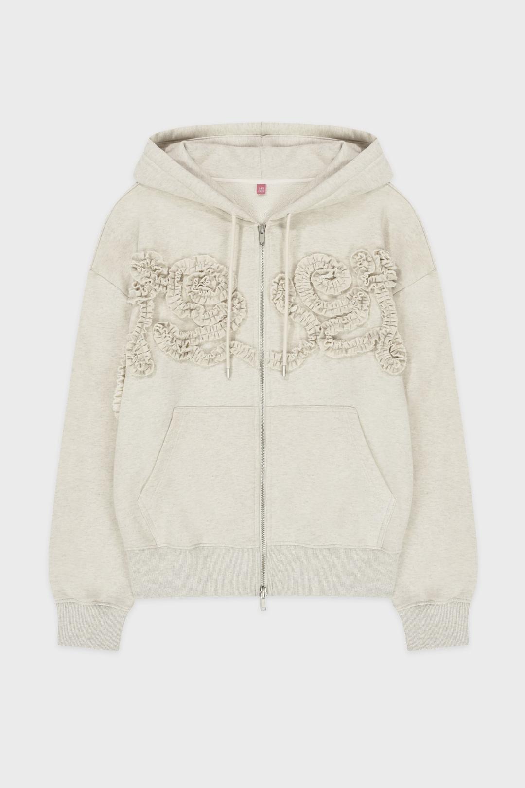 Rose Frill Oversized-Fit Hooded Zip-Up (Oatmeal)