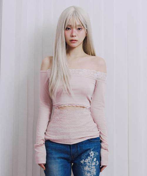 Pink lace off shoulder longsleeve