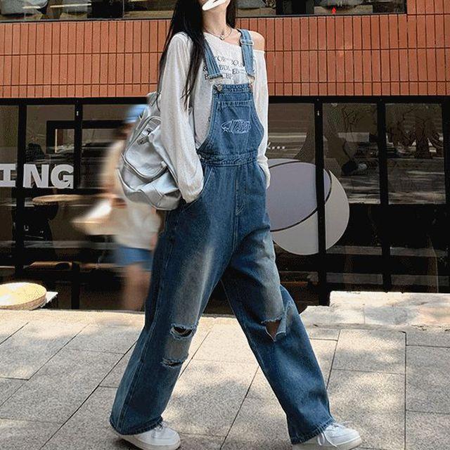 데이트 가을 겨울 캐주얼 러블리 편한 데님 오버롤 와이드 멜빵 점프수트