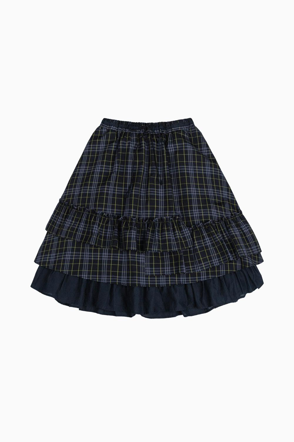 CHECK FRILL MIDI SKIRT, NAVY