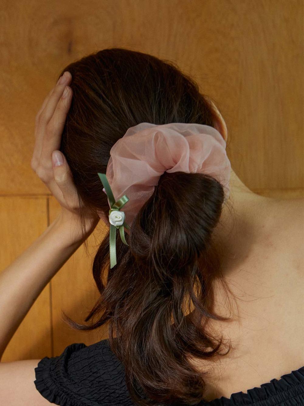 organza tiny rose scrunchie - pale rose