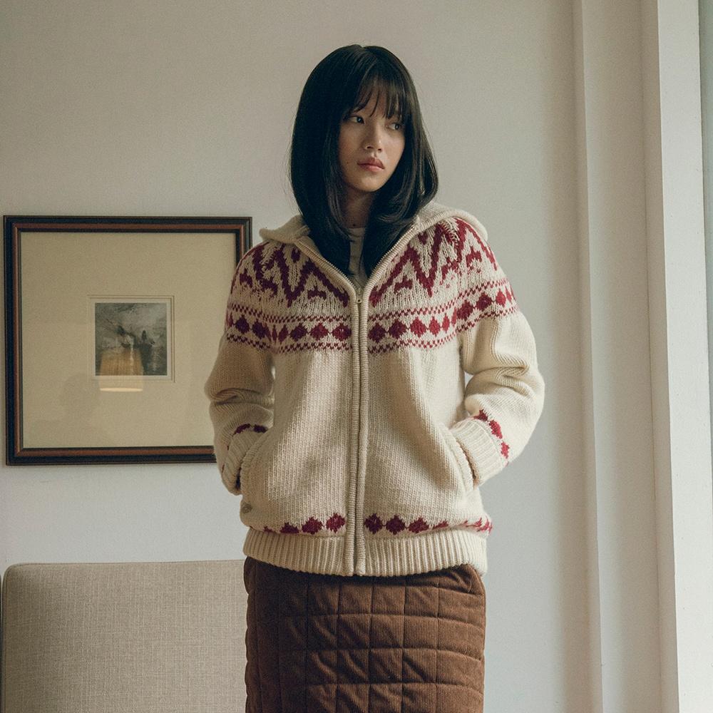 KN4242 Nordic knit hood zip-up_Cream