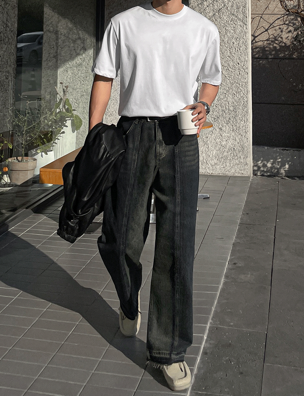 오프 컷 라인 와이드 데님 팬츠