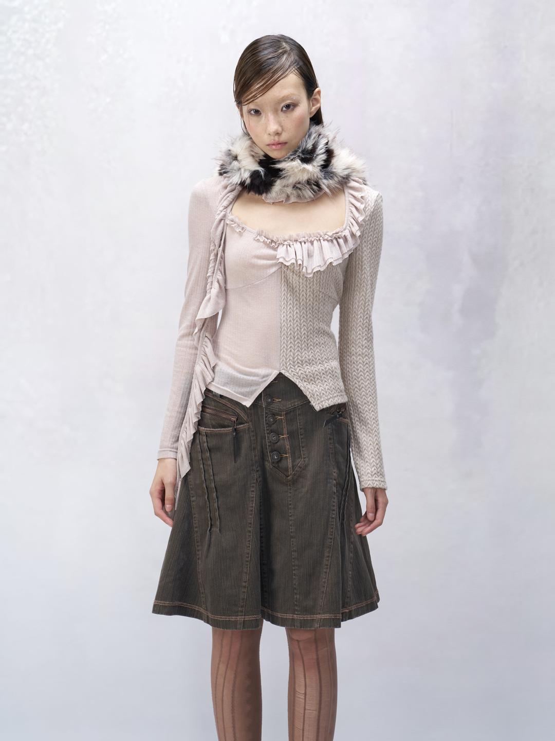 Flowers birds Market Brown Stitch Denim Midi Skirt