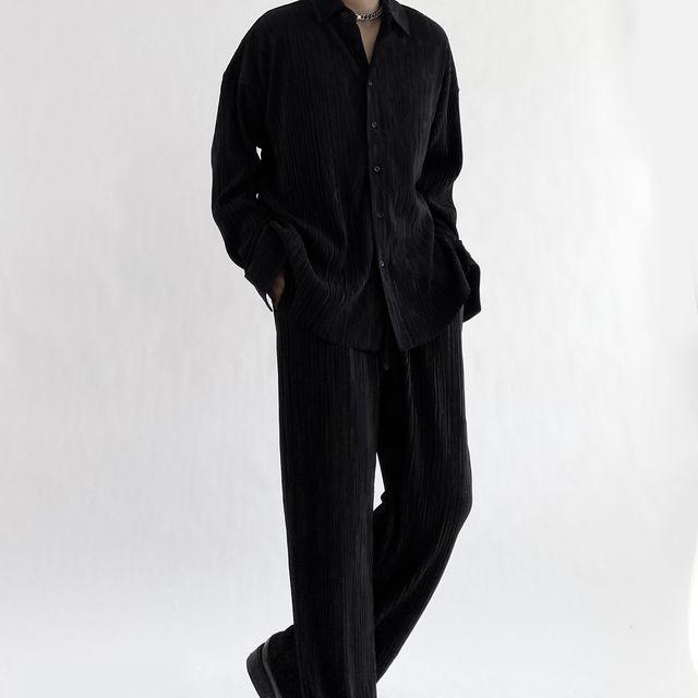 잔주름 플리츠 루즈핏 카라 셔츠 셋업 셋트 3color