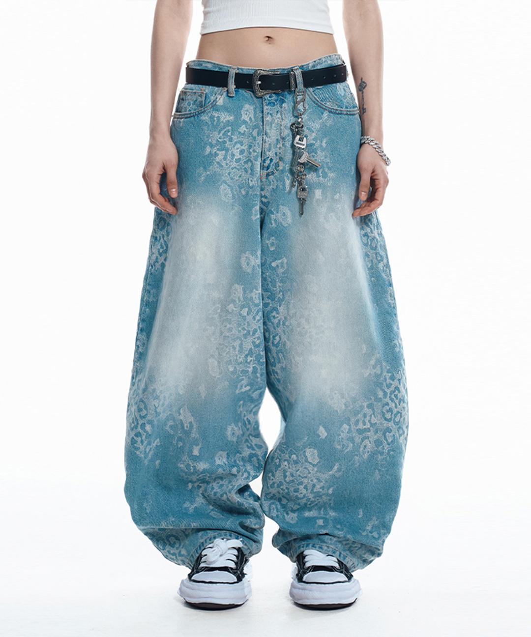 썬 패치 레오파드 벌룬 데님 팬츠 - 라이트블루