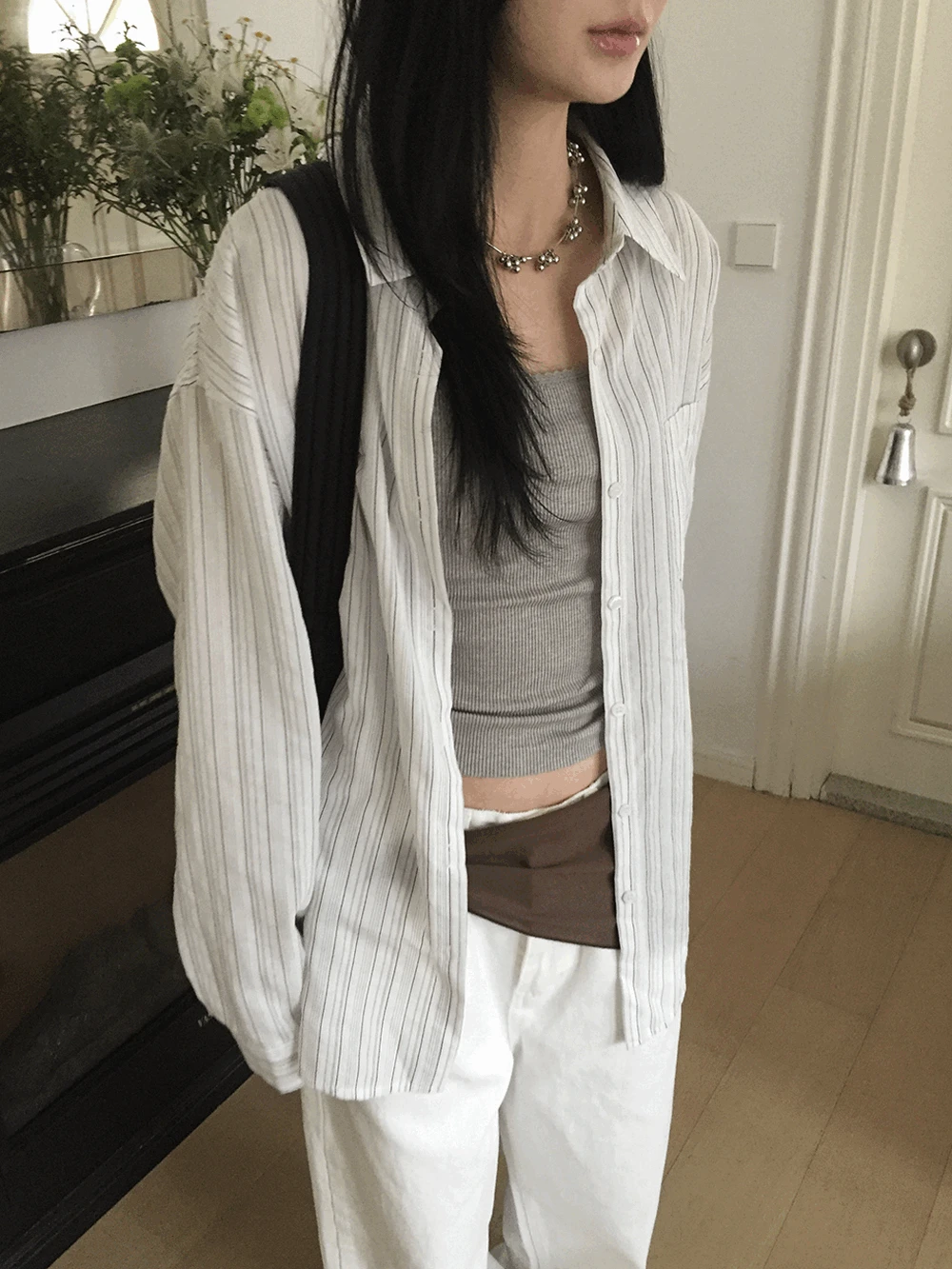 엔즈 오버핏 시스루 스트라이프 셔츠 (3c)