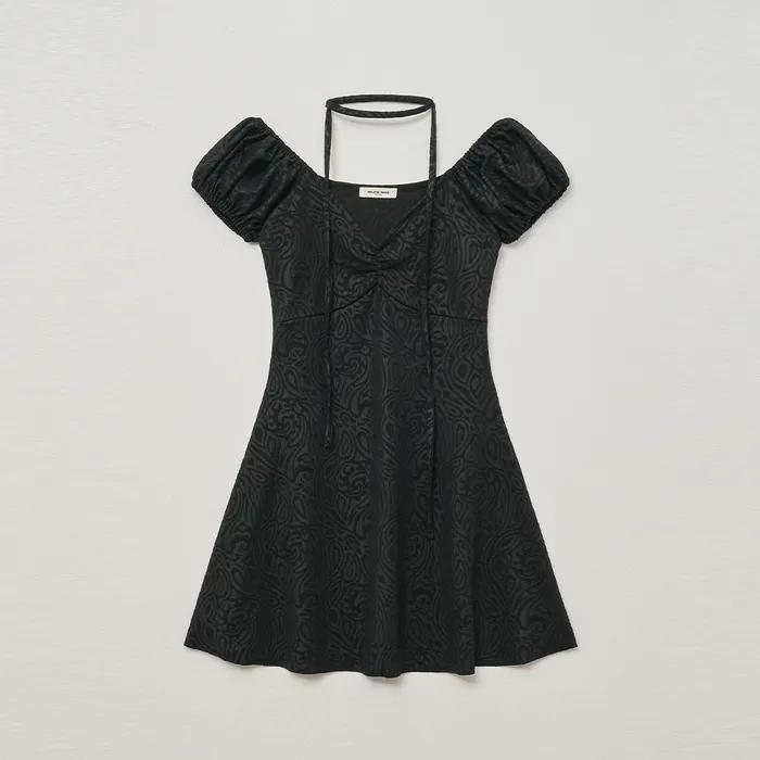 자카드 퍼프 슬리브 원피스 [블랙]
