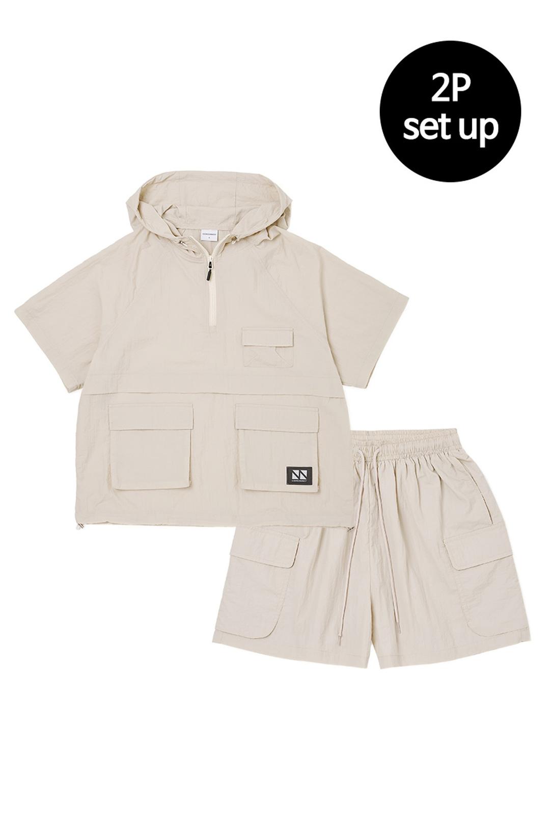 Hoody Anorak Half Set-up(Beige) CSOs-010  [Unisex]